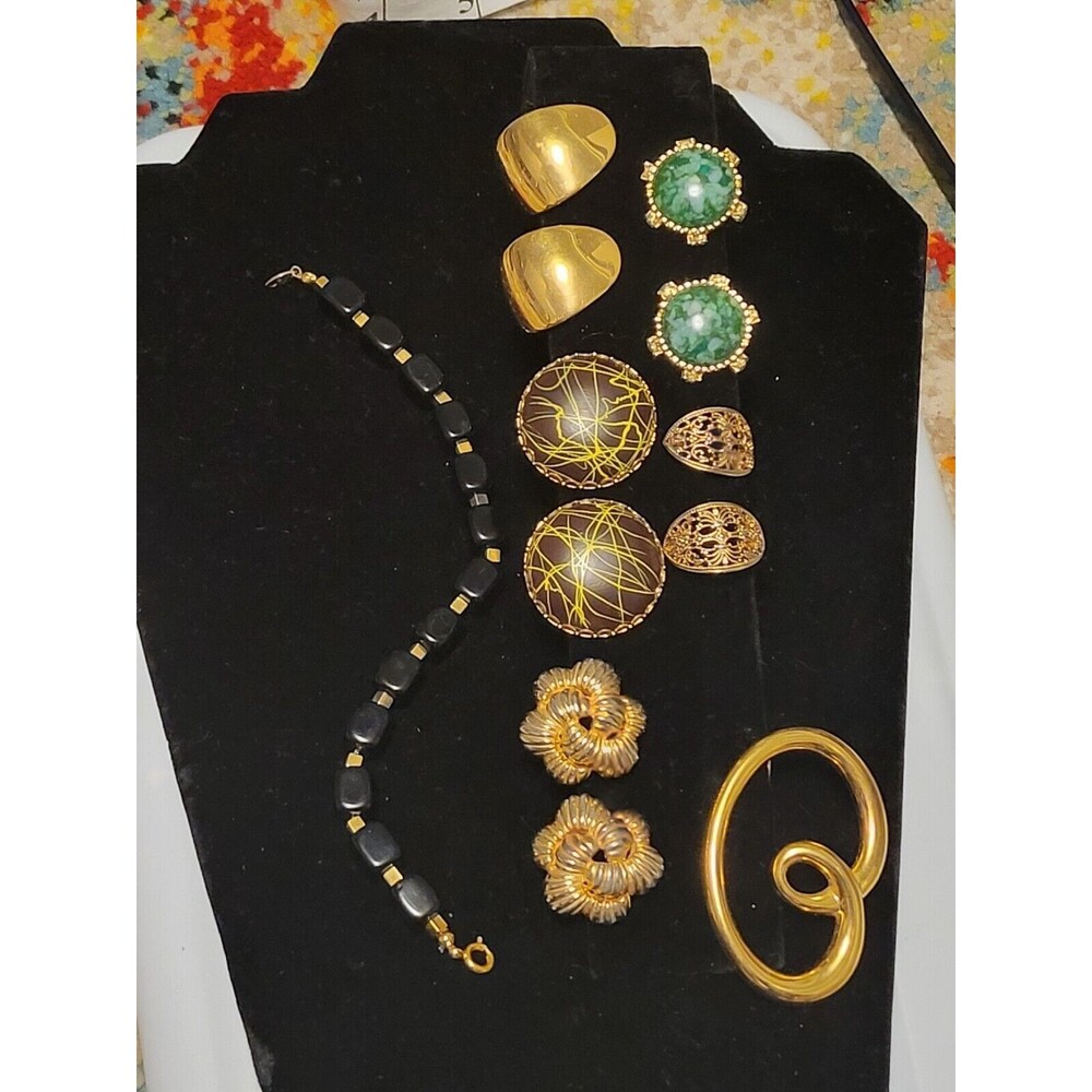 Lot - Vintage Goldtone Clip On Earrings, Bracelet, Pin Monet Trifari Gay Boyer +